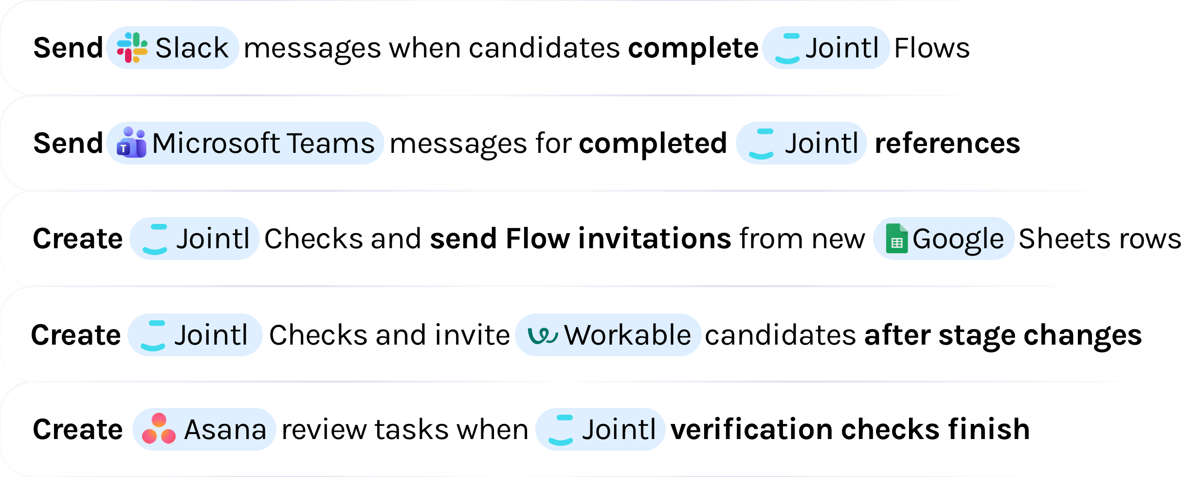 Open Jointl’s Zapier settings to automate workflows with Slack, Microsoft Teams, Google Sheets, Workable, and Asana.